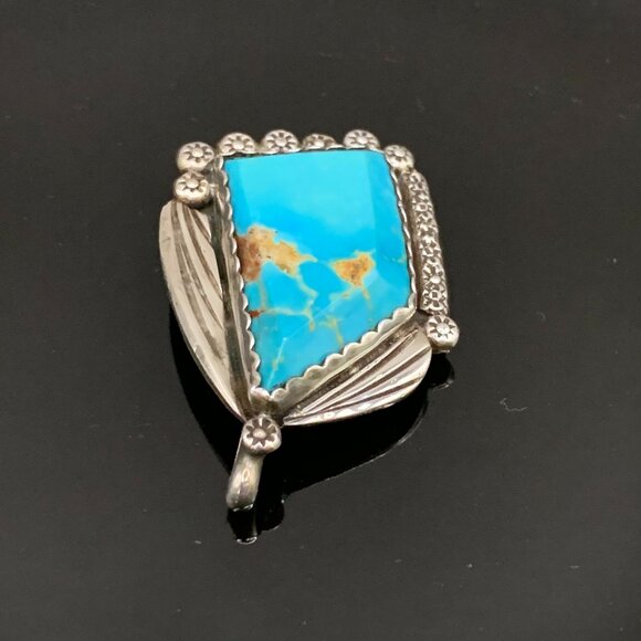 Native American Navajo Turquoise Sterling Silver Pendant Brooch Pin Signed R - Picture 6 of 15